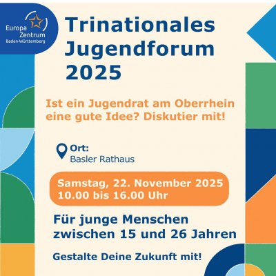 🌍 FORUM TRINATIONAL DE LA JEUNESSE 2025 : FAIS ENTENDRE TA VOIX !

Tu as entre 15 et 26 ans et tu souhaites contribuer activement à l'avenir de notre région transfrontalière ? Le Forum trinational de la Jeunesse 2025 à Bâle est LE rdv à ne pas manquer !

🤝 Pourquoi venir ?

Avec des jeunes d'Allemagne, de France et de Suisse, tu auras l'opportunité de :

➡️Échanger avec des jeunes qui partagent vos ambitions (Allemagne, France, Suisse)
➡️Construire ensemble les bases d'un vrai conseil régional de la jeunesse
➡️Faire entendre VOS préoccupations là où ça compte
➡️Définir les formes de participation que VOUS souhaitez vraiment

💪 Ce qui t'attend : Des ateliers interactifs, des débats qui ont du sens, des rencontres internationales, et surtout : la possibilité de façonner concrètement l'avenir de la participation des jeunes dans le Rhin supérieur.

📋 Infos pratiques : 📅 Samedi 22 novembre 2025, 10h-16h 📍 Hôtel de ville du canton de Bâle-Ville, Marktplatz 9, 4001 Bâle, Suisse

Les + : ✔️ Participation 100% gratuite ✔️ Déjeuner offert ✔️ Traduction simultanée (pas de barrière linguistique !) ✔️ Accessible à tous, aucune expérience requise

⏰ Inscription obligatoire avant le 8 novembre 2025

👉 Lien d'inscription : https://www.bs.ch/ed/jfs/jugendforum

👉 Autorisation parentale requise pour les mineurs

Des questions ? Contactez Luzia Kunz !

#ForumJeunesse2025 #Trinational #Bâle #JeunesseEngagée #RhinSupérieur #ParticipationCitoyenne

@kantonbaselstadt  @oberrheinrat_conseil.rhenan